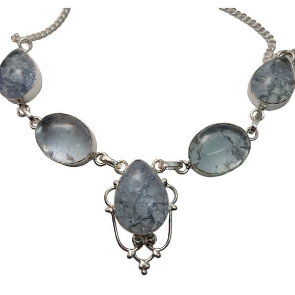 Blue Chalcedony Sterling Silver Statement Necklace - 22 Inches - Picture 1 of 7